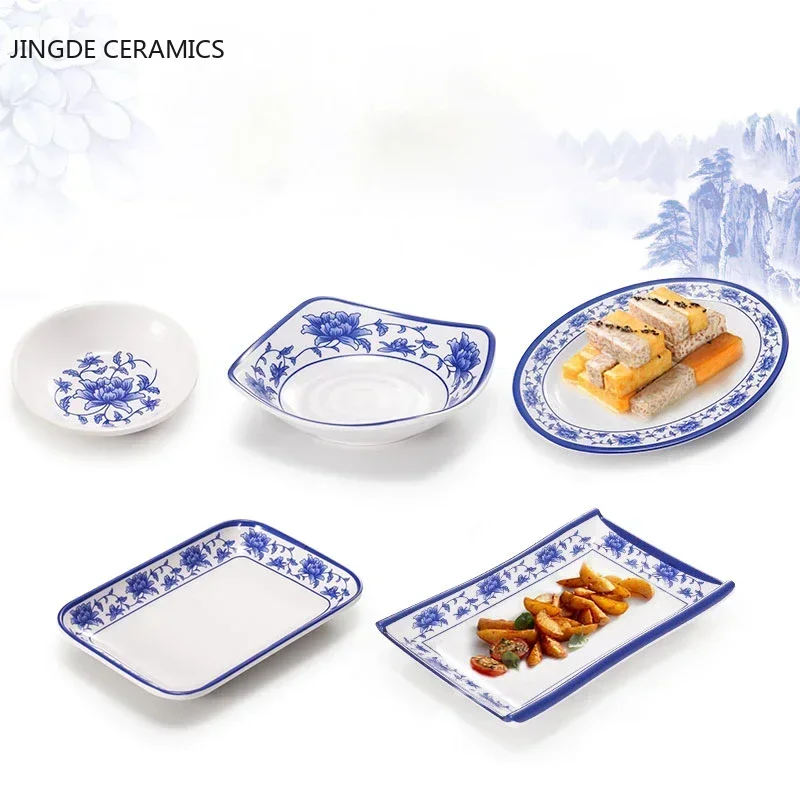 Blue White Dinner Plate Snack Plastic Creative Imitation Hotel Restaurant Sushi Cold Dish Plate Disc bowl kitchen tableware