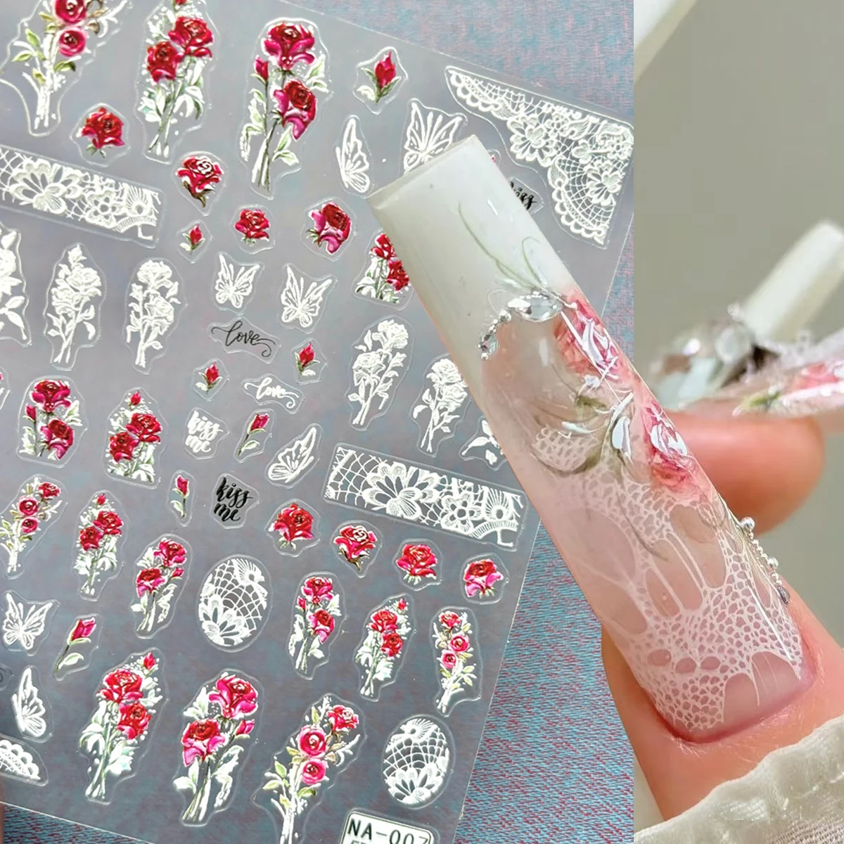 2pcs 5D Embossed Nail Art Decals Elegant Red Roses Flowers White Laces Sliders Nail Stickers Decorations For Manicure