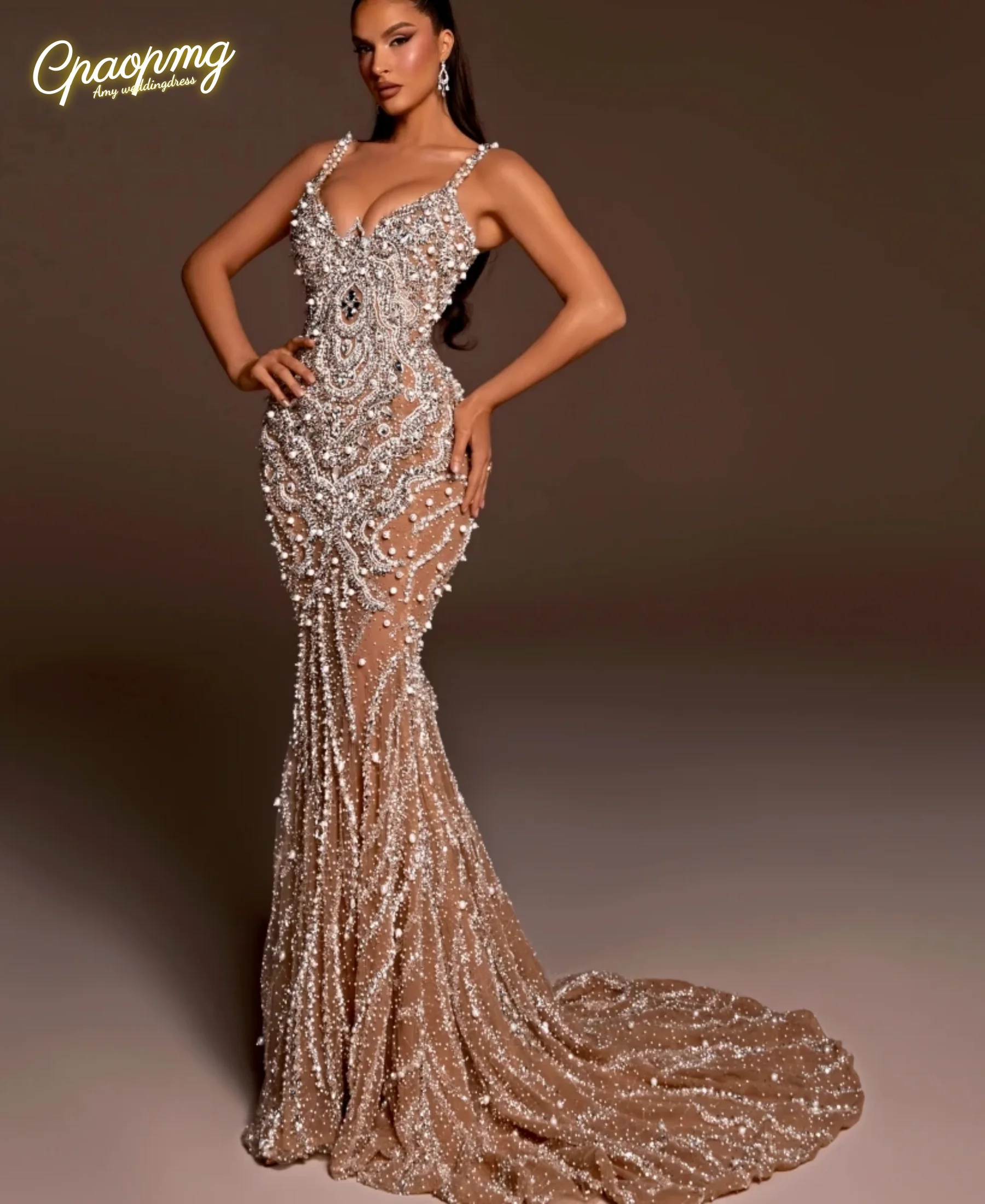

Customized Glitter Pearls Crystal Prom Dress Luxury High Quality Mermaid Evening Dresses Illusion Cocktail Gown
