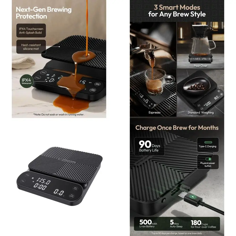 

3kg/0.1g Rechargeable Coffee Scale with Timer, 3 Brew Modes, Adjustable Ratios & Flow Rate Display, Ideal for Pour-Over, Espress