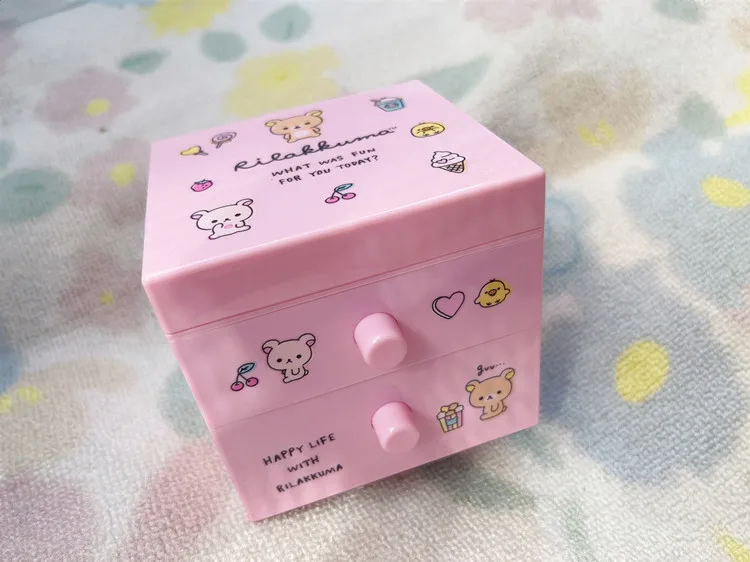 Cute Rilakkuma Desktop Storage Box Cartoon Anime Kawaii Small Drawer Makeup Box Pink Hair Accessories Ornaments Organizer Box