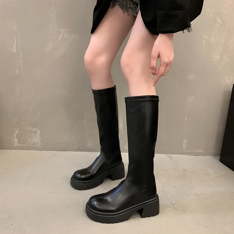 Autumn and Winter New Round Head Thick Sole Retro Heightening Mid-calf Boots with Velvet Warm and Comfortable Fashion Show Boots