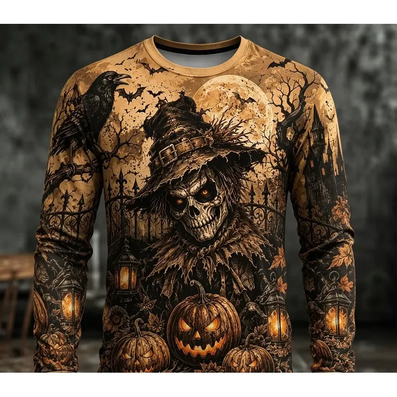 3D Long Sleeve Men Vintage Halloween T Shirt 2026 Grim Reaper Scarecrow Pumpkin Crow Graphic Crewneck Gothic Streetwear Top