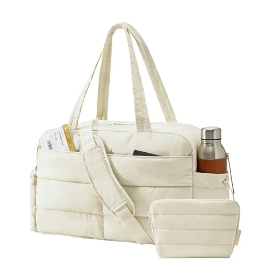 

Gym Bag for Women, Lightweight Puffer Duffle Bag 2-PC Travel Bag, 31L Weekender Overnight Bag Quilted Carry On Tote Bag, Diaper
