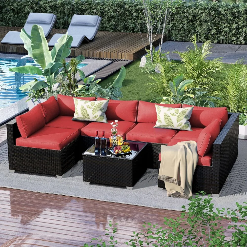 

7 Pieces Patio Furniture Set - Outdoor Sectional Wicker Rattan Furniture with Cushion and Glass Table Patio Conversation Sets wi