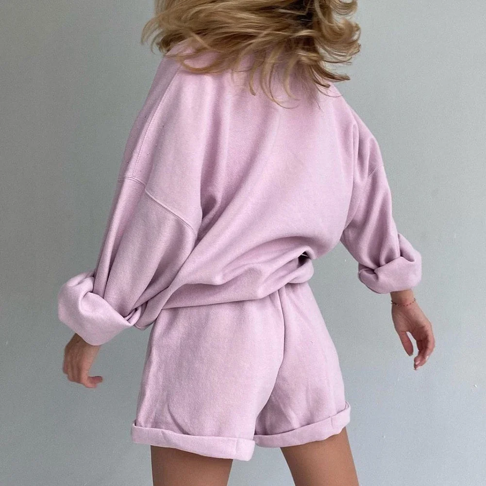 Lässig Sweatshirt Anzug solide lose Sporta nzug Frau Laterne Langarm Pullover Kordel zug Plissee Shorts Outfits Trainings anzüge