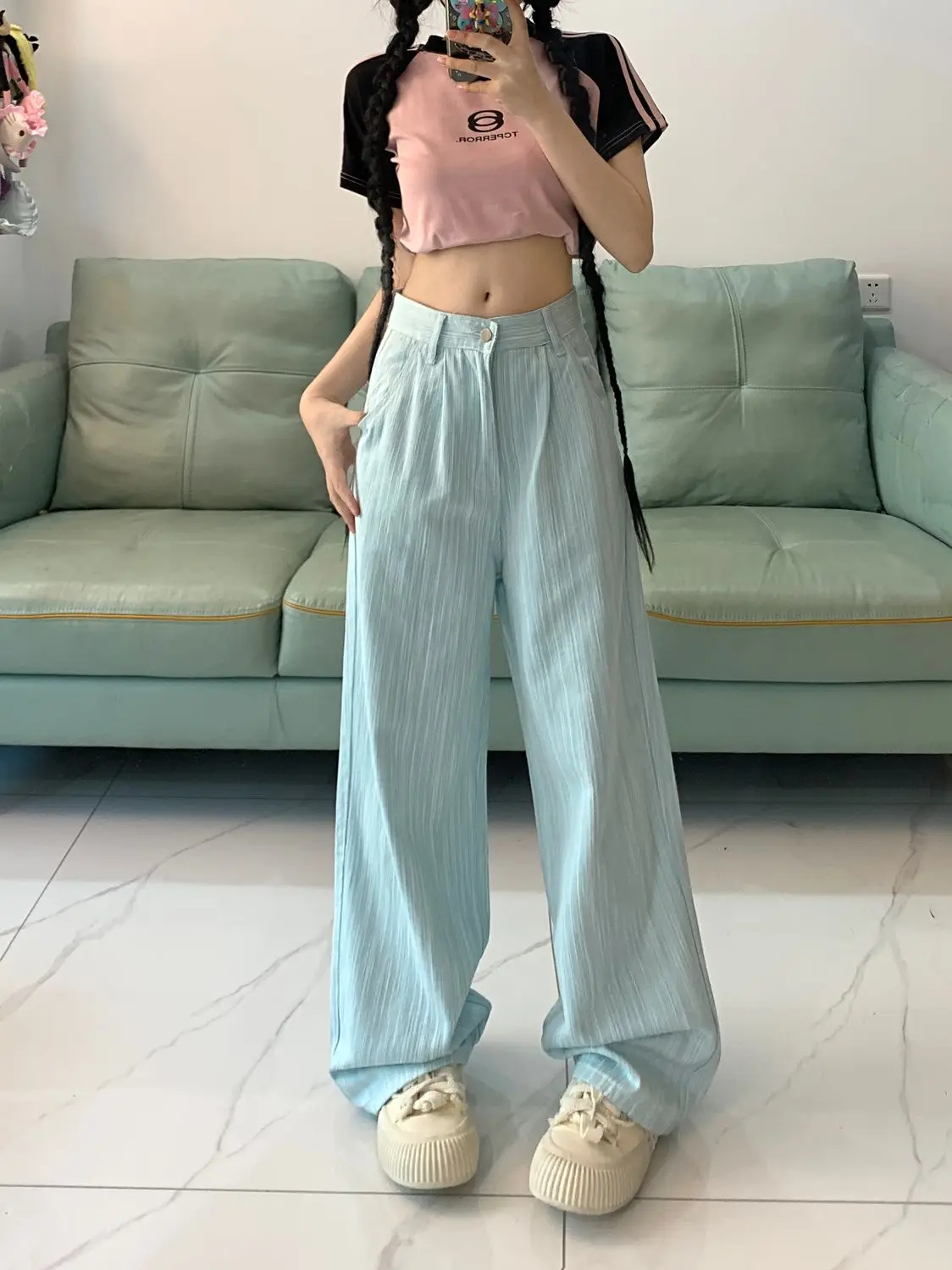 Jeans High-End Striped Women\'S 2024 Summer New Design Light-Colored High-Waisted Straight Wide-Leg Floor-Length Trousers