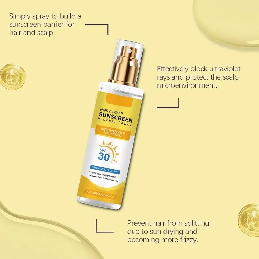 SPF 30 Protector solar para el cabello y el cuero cabelludo Spray No graso Escudo del cuero cabelludo enriquecido sin peso Protección de coco Bloqueador UV seguro para el color