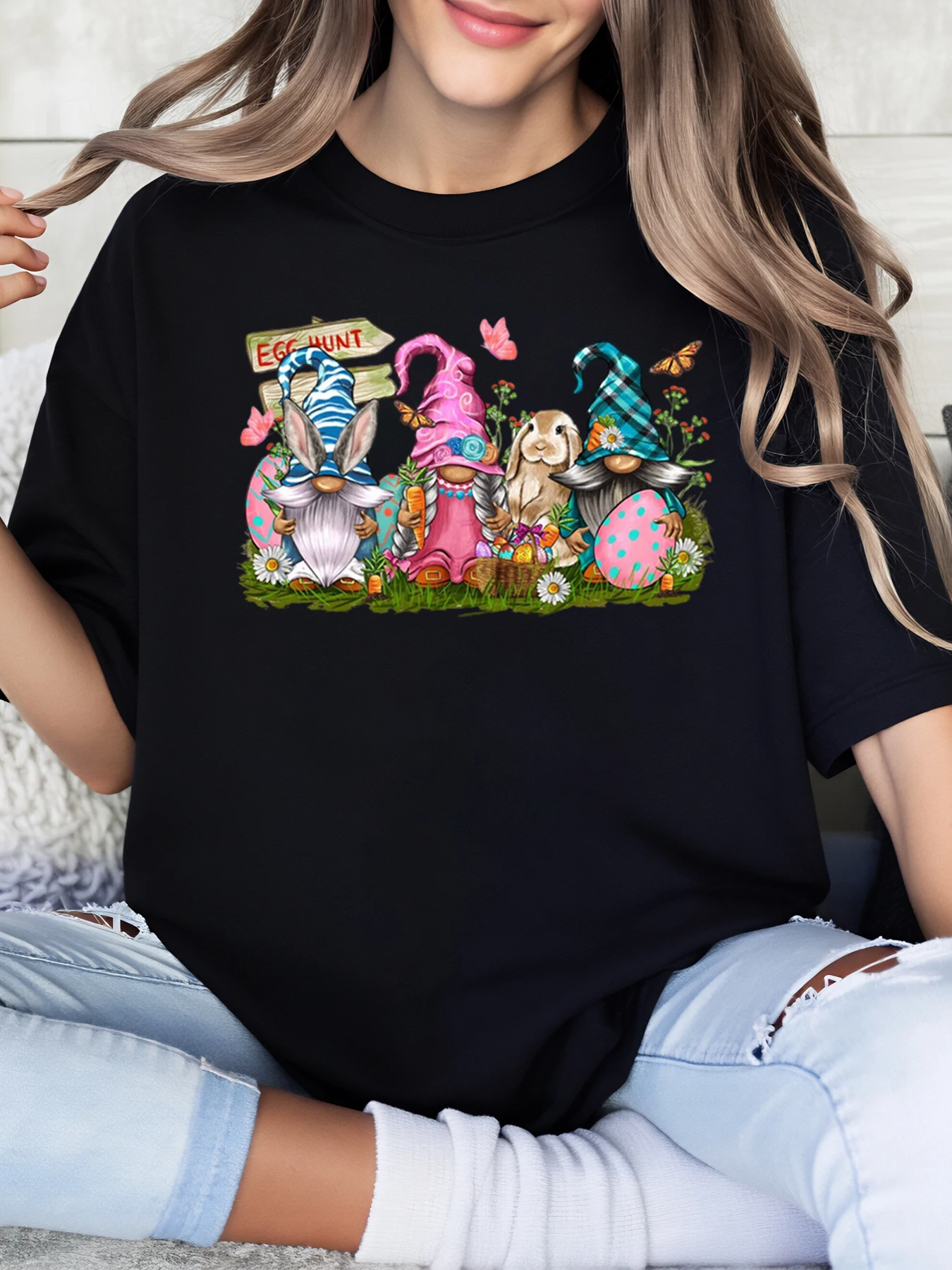 

Easter Gnomes Egg Hunt Print t Shirt Easter Women Casual Wear Black Plus-Size