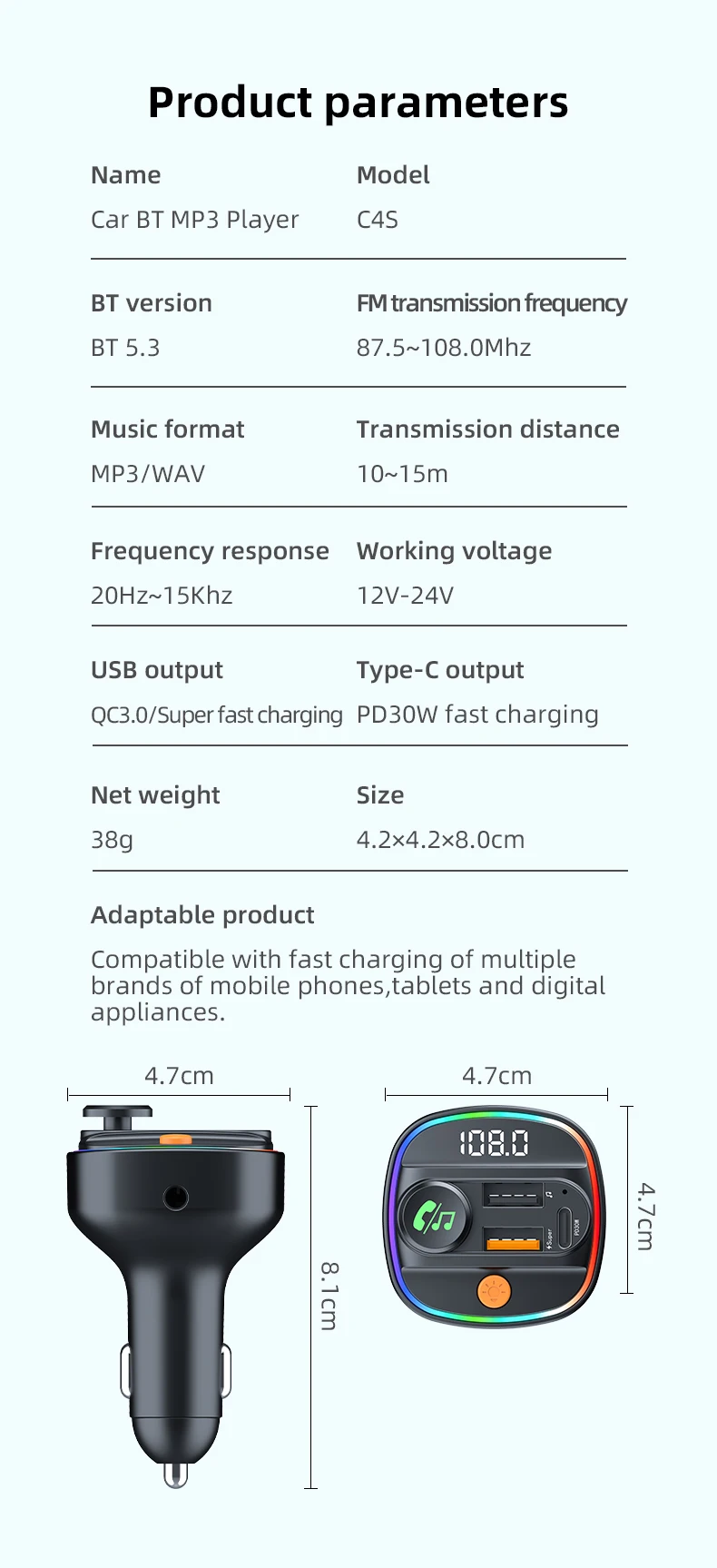 Bluetooth 5.4 FM-Transmitter, Freisprecheinrichtung, Auto-AUX-Radio-Modulator, MP3-Player mit 22,5 W und PD30 W Schnellladeadapter, Autozubehör – Detail 12