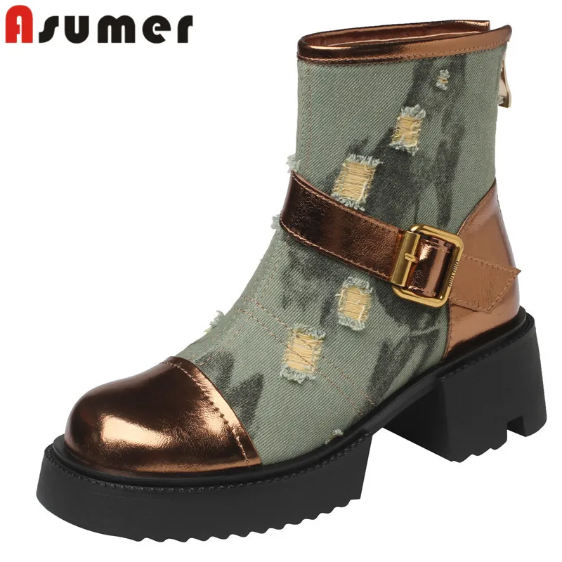 

ASUMER 2024 New Sheepskin Leather Zipper Ankle Boots Square High Heels Buckle Boots Ladies Mixed Colors Platform Winter Boots