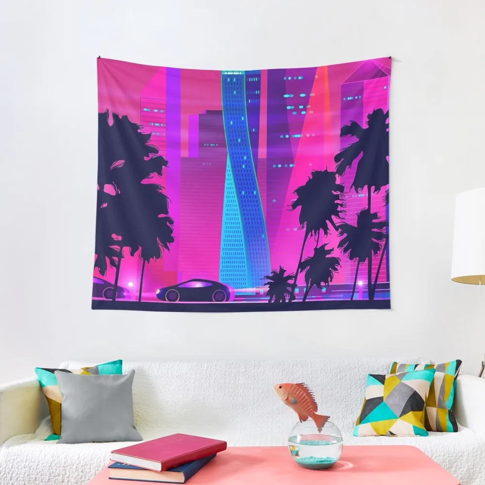 

Synthwave Neon City: Miami Vice Tapestry Room Decor House Decorations Tapestry