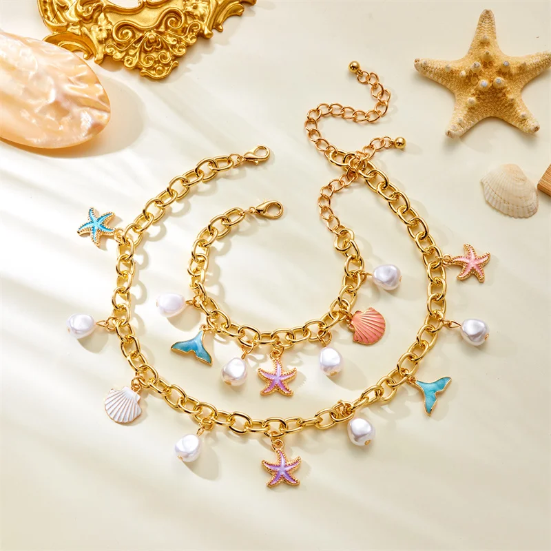 Boho Seestern Jakobsmuscheln Anhänger Halsband Halskette für Frauen Elegante Imitation Perle Quaste Halskette Ästhetische Party Schmuck Geschenk – Detail 10