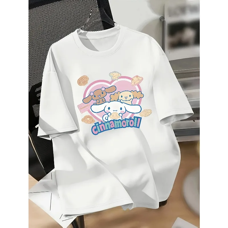 

Ladies' Yuguigou Printed Shoulder Down Short Sleeved T-shirt with Pink and Blue Cartoon Pattern Casual Round Neck Loose Top