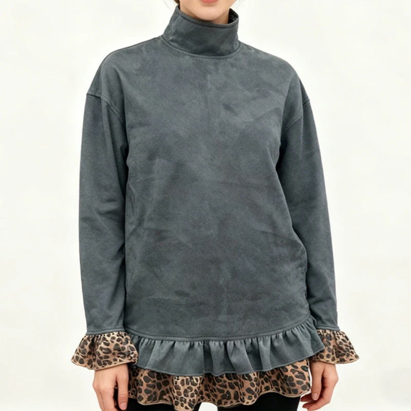 Otoño Y2K Kpop Retro con volantes vestido con adornos de leopardo mujer cuello alto manga acampanada moda mujer Tops Mini vestido Casual ropa de calle