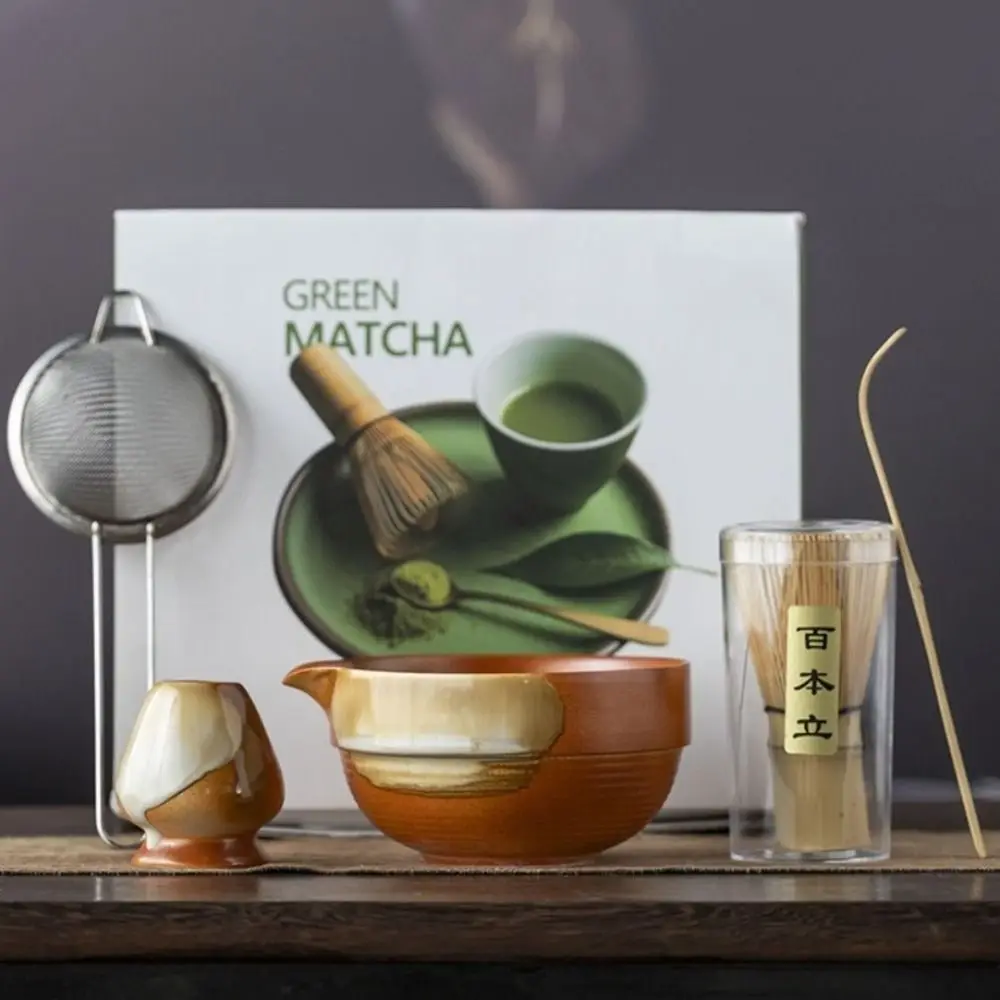 

4/5pcs Ceramic Japanese Matcha Tea Set Tea Whisk Stand Matcha Bowl with Spout Tea Whisk Set Reusable Tea-making Tools Kit
