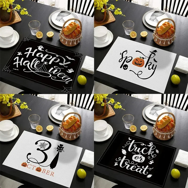 4Pcs Halloween Pumpkin Black Cat Placemats Festival Kitchen Cotton Linen Dinning Table Mats Bowl Coffee Cup Pads Mats Home Decor
