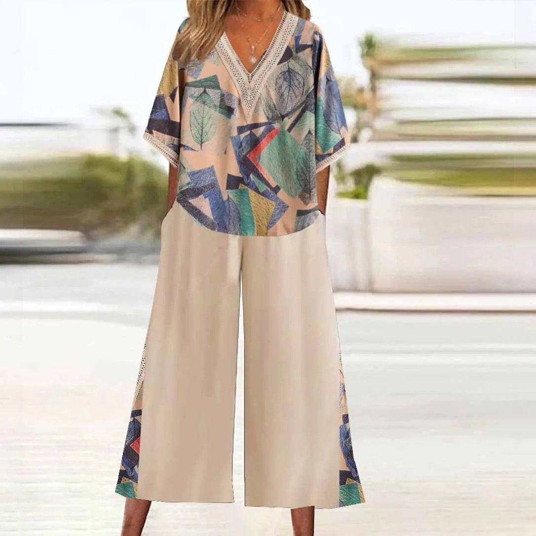 

Fashion Printed Color Contrasting Two Piece Set Women's Summer And Fall Casual And Comfortable V-neck Seven Sleeve Top Pants