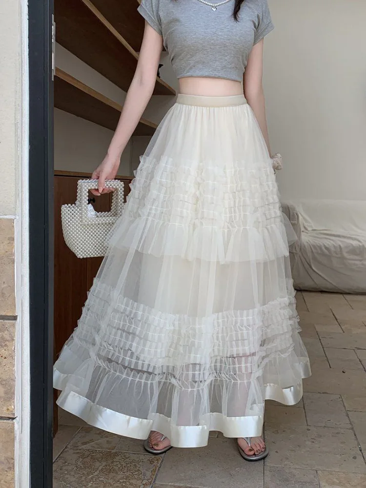 Chic Mesh Sweet Long Skirt Women High Waist Loose Elegant A Line Skirts Spring Summer Preppy Style Korean Tulle Dance Cake Skirt