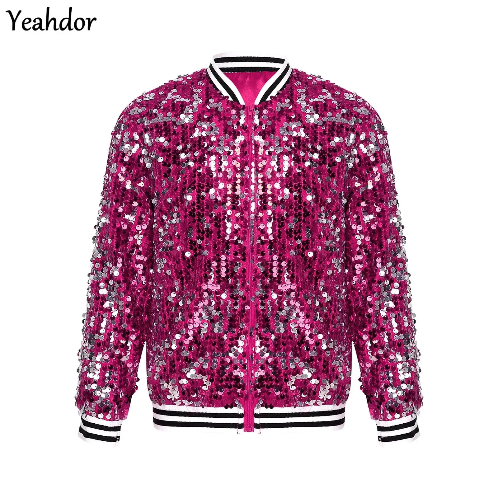 

Girls Shiny Sequin Baseball Jackets Hip Hop Jazz Street Dance Coat Outerwear Long Sleeve Sparkle Zipper Bomber Jackets Costume