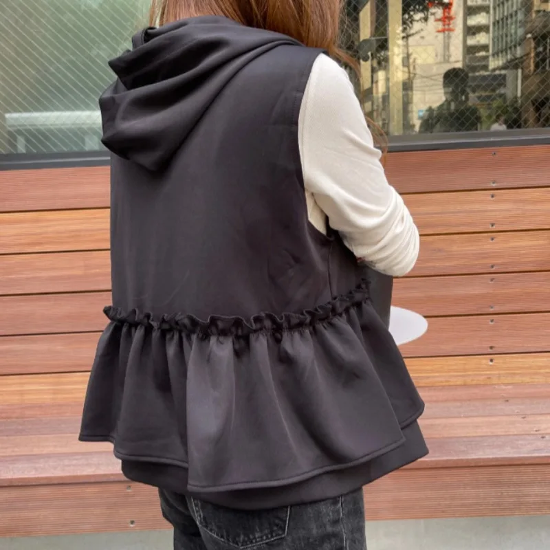 KUSAHIKI Women's Drawstring Hooded Vests Jacket Top Causal Solid Color Versatile Zipper Waistcoat 2024 Autumn New