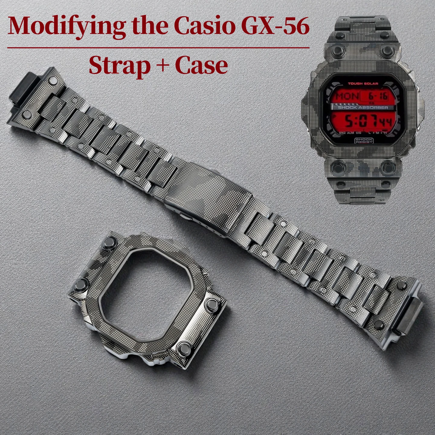 For Casio GXW-56 GX-56BB Modified Thickened Solid Stainless Steel Case and Metal Strap Watch Accessory Set