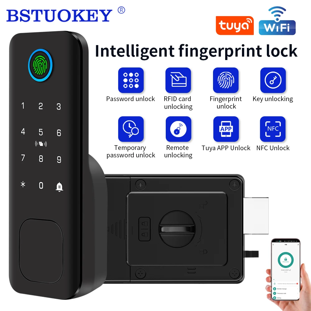 

Умный дверной замок с Wi-Fi, защитой от ржавчины, сканером отпечатков пальцев, управлением через приложение Tuya, дистанционным управлением, энергосбережением, кодовым доступом, электрический накладной замок для улицы