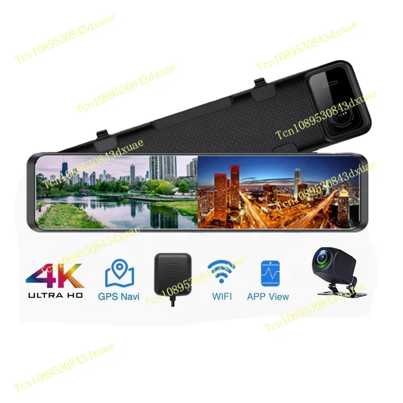 4K Wifi Global Positioning System Tracking  Dashboard  12-inch 4K Car Digital Video Recorder Front 4Kand Rear 1080P WIFI Control