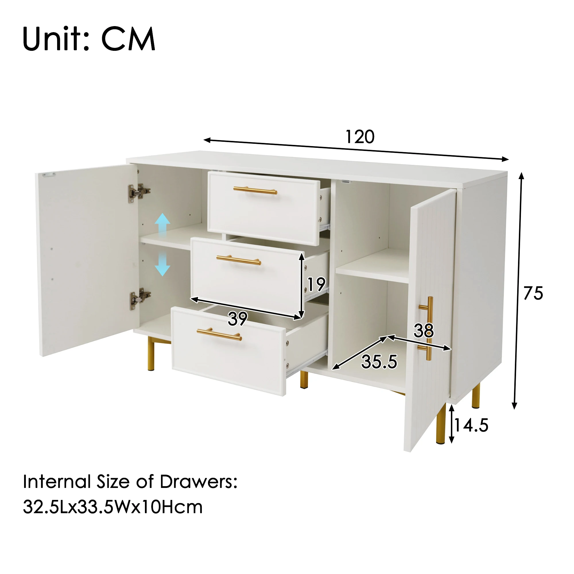 VSOGA chest of drawers with 2 doors and 3 drawers, door chest of drawers, adjustable shelf, living room, Bedroom, White, H75 X B120 X T40 cm