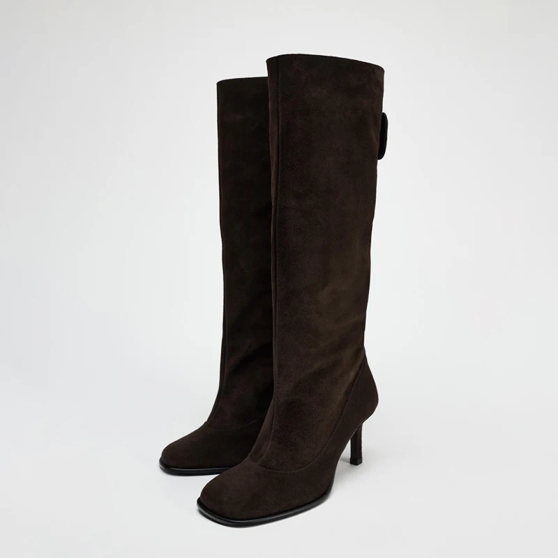 

Faionable Wide Calf High Heel Knight Boots round Toe Women's Boot Coffee Color Long Boot Autumn Winter New Arrival