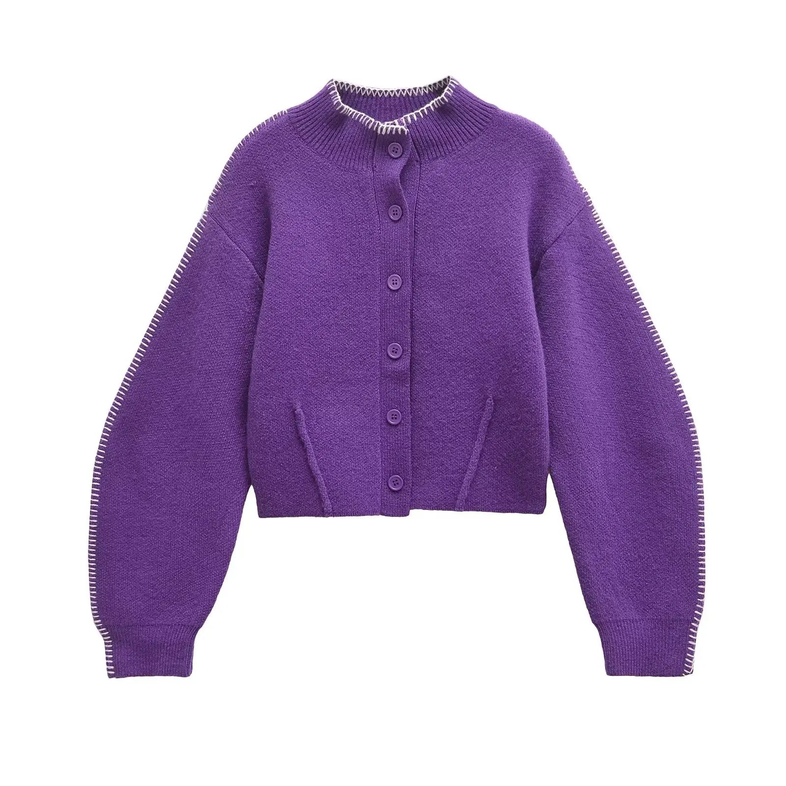 

ZAB Autumn New Women's Faion Casual Knitted Jaet Stand Collar Street Sle Long Sve Polyester Blend Color Blo Open C...