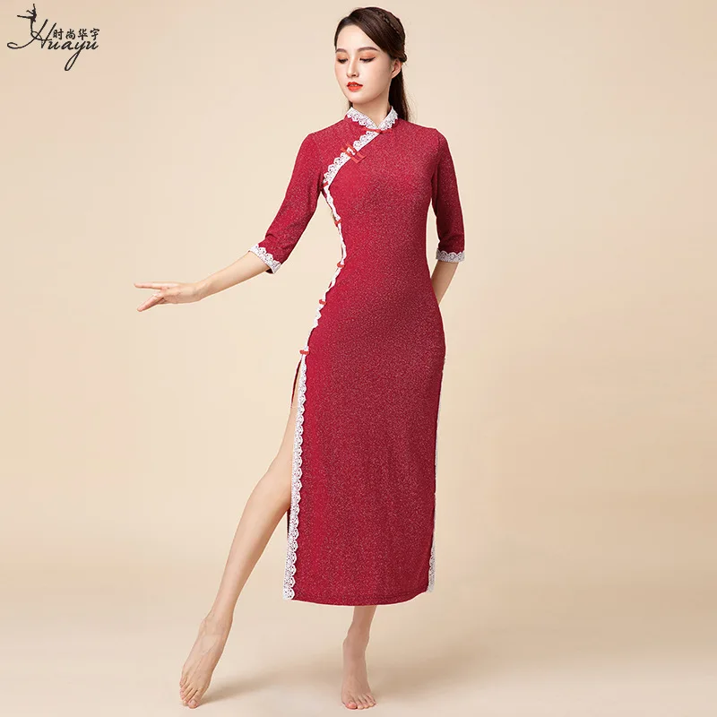 Fashion New Classical Dance Slimming Slit Lace Stand Collar Cheongsam Dress Chinese Improved Dance Costume for Women Elasticity