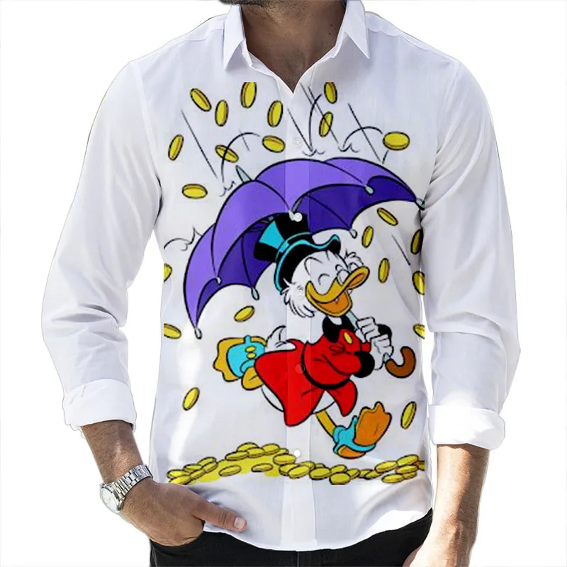 Street Style Donald Duck Cartoon 2024 Spring Harajuku New Fashion Casual 3D Printed Long Sleeve Lapel Shirt Slim Men\'s Top