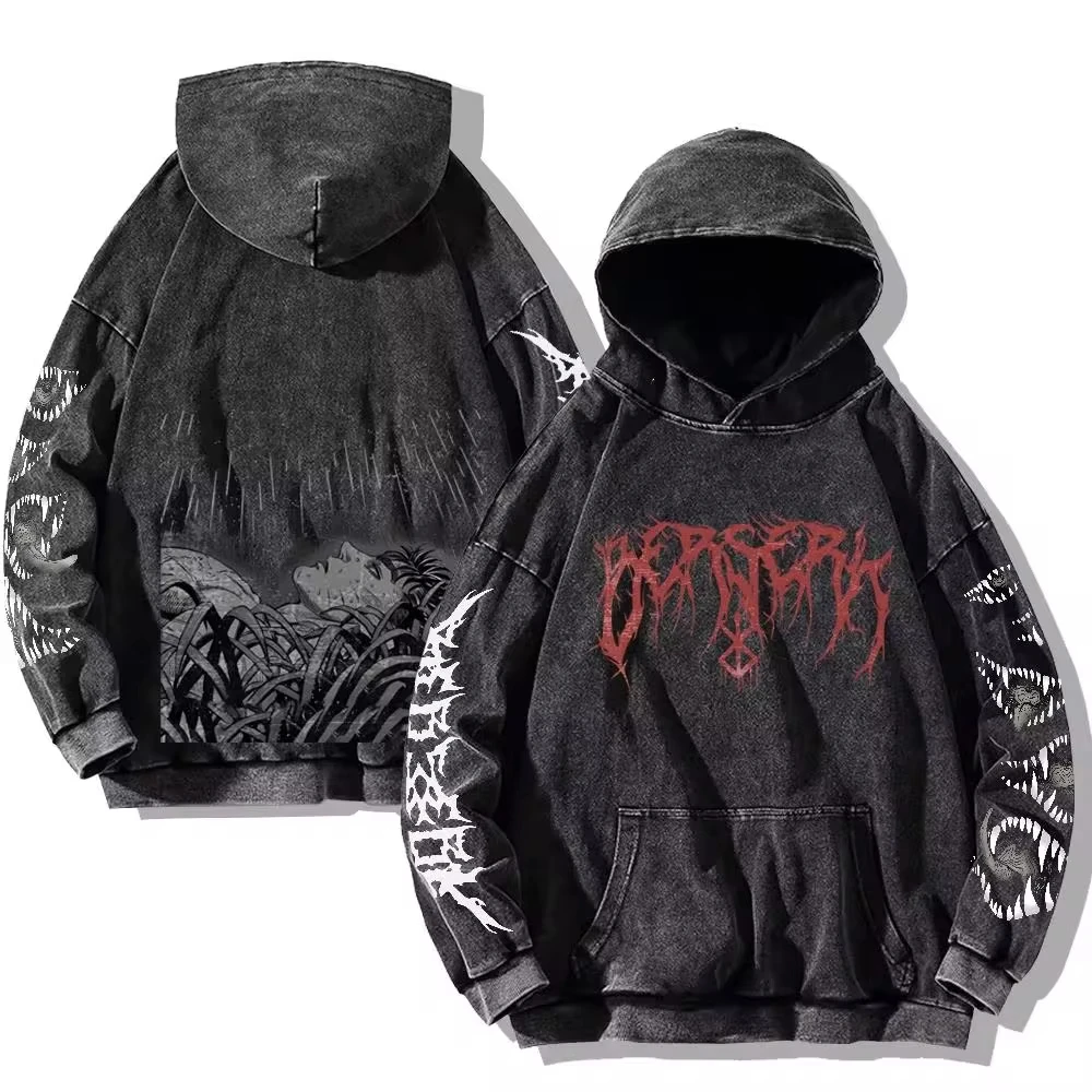 Berserk hoodies masculino impressão gótica vintage lavado hoodie hip hop harajuku casual streetwear moletom de algodão unisex pulôver