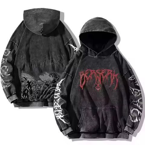 Men's Berserk Hoodies Gothic Print Vintage Washed Hoodie Hip Hop Harajuku Casual Streetwear Cotton Sweatshirts Unisex Pullover