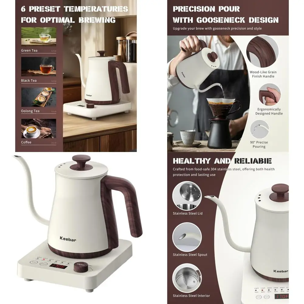 

6-Temp Preset Gooseneck Kettle, 1000W, 0.8L, 0.8mm Spout, 304 Stainless Steel, Auto Shut-Off, Matte White