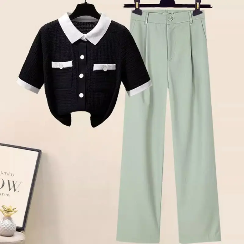 Summer Outfits Mingyuan Xiaoxiangfeng POLO Collar Short Sleeved Top T-shirt Fashion Elegant Suit Pants 2-Piece Suit For Women Fo