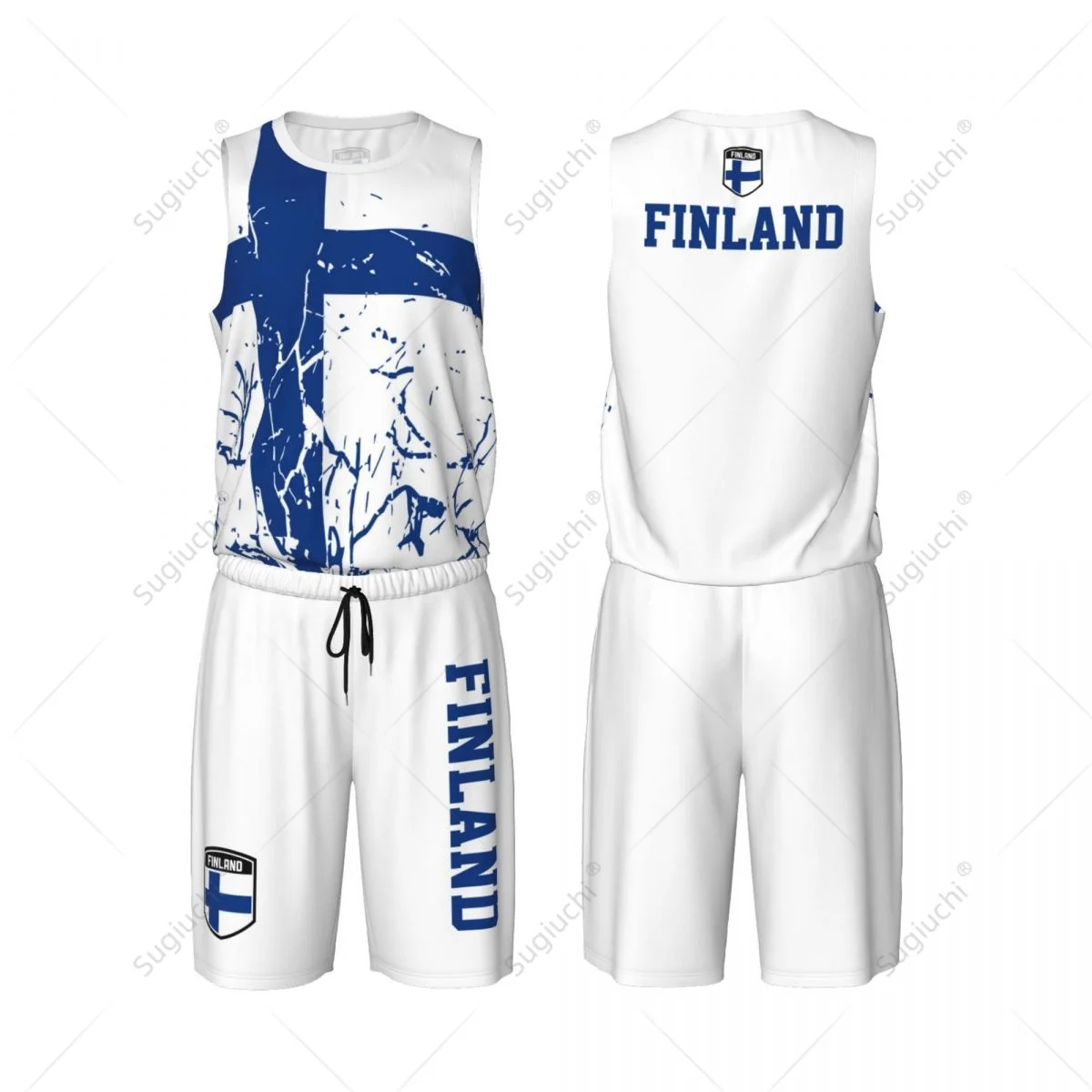 Setelan Jersey basket pria butir bendera Finlandia Team-up kemeja & celana tanpa lengan nama kustom Nunber eksklusif