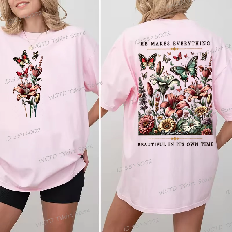 Christian Floral Vintage Boho T-shirt Women He Makes Everything Beautiful Graphic Tee Inspirational Retro Flower Religious Shirt