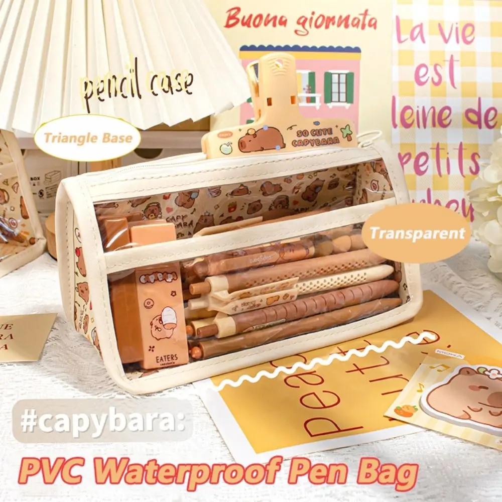 Wasserdichte Capybara-Stifttasche, PVC-Briefpapiertasche mit dreieckiger Basis, transparentes wasserdichtes Federmäppchen für Studenten