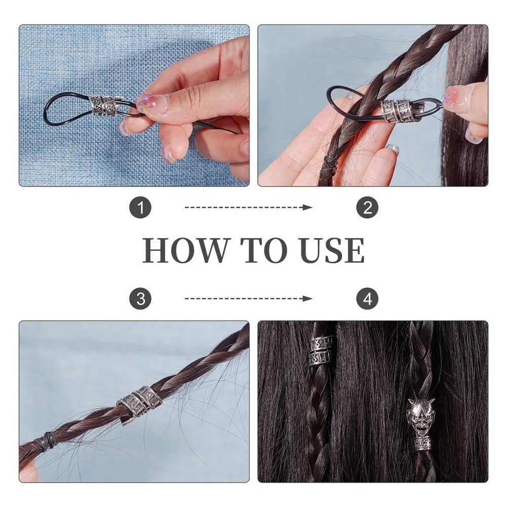 Column Skull Alloy European Loose Beads Metal Beard Beads with Elastic Hair Bands Tail Comb Quick Hair Pin Tool