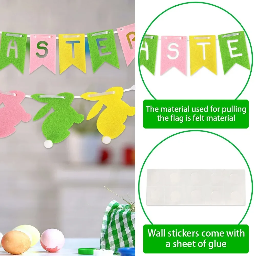 Felt Colorful Egg Rabbit Banner Easter Party Background DIY Non-woven Fabric Chicken Lily Flower Decor Garland Window Sticker