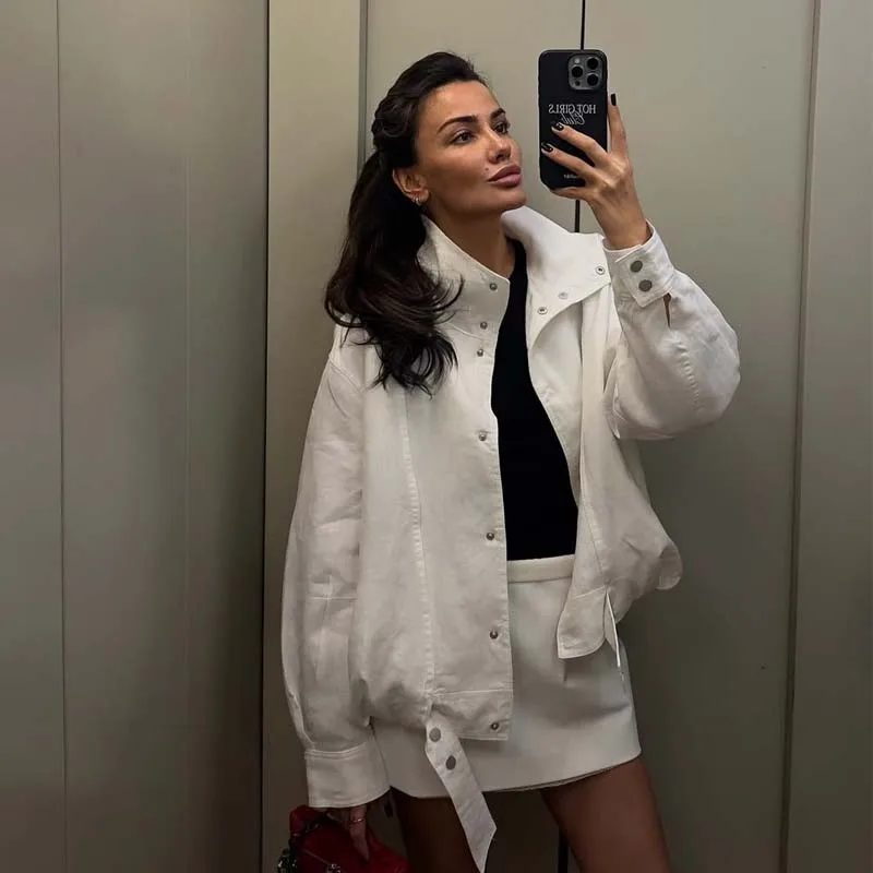 

2025 Women White Bomber Jacket Front Snap-button Long Sleeve Casual Autumn Outfit Streetwear Outerwear
