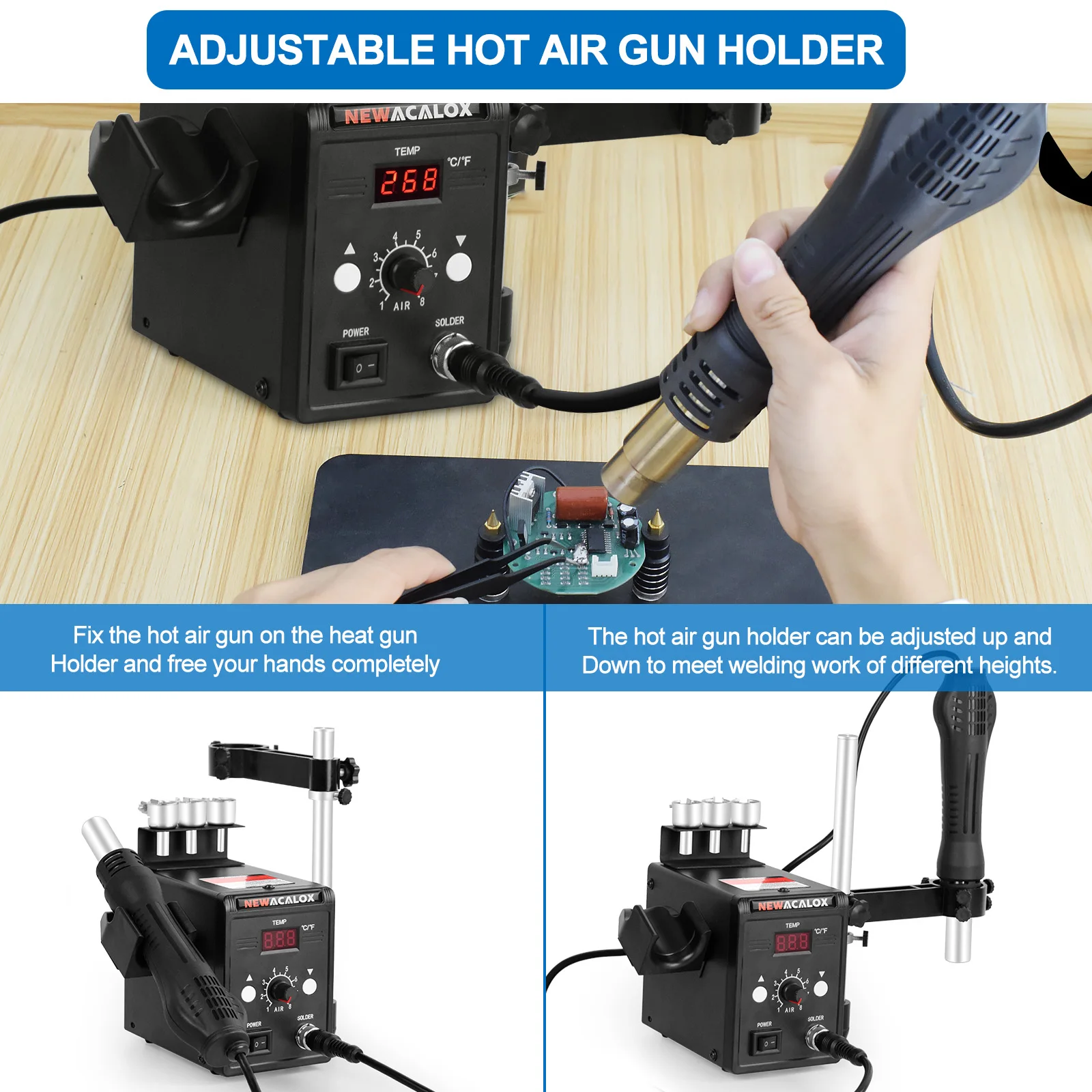 NEWACALOX 858D Digital Hot Air SMD Soldering Rework Station with Quick-Change Nozzle System 100-500℃ Adjustable Temperature