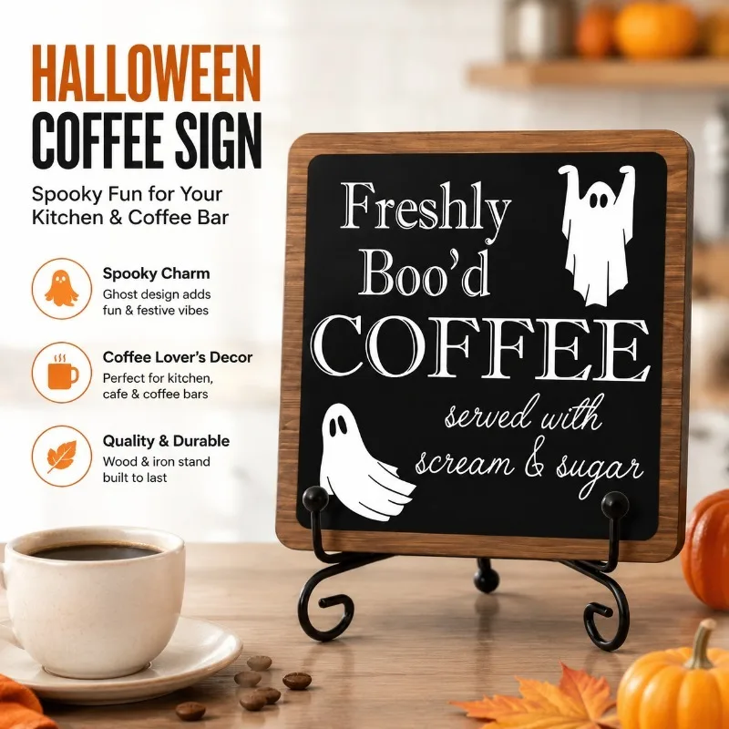 Halloween Specter Warning Script Coffee Station Timber Plaque Detachable Iron Bracket Humorous Lettering Desktop Embellishment