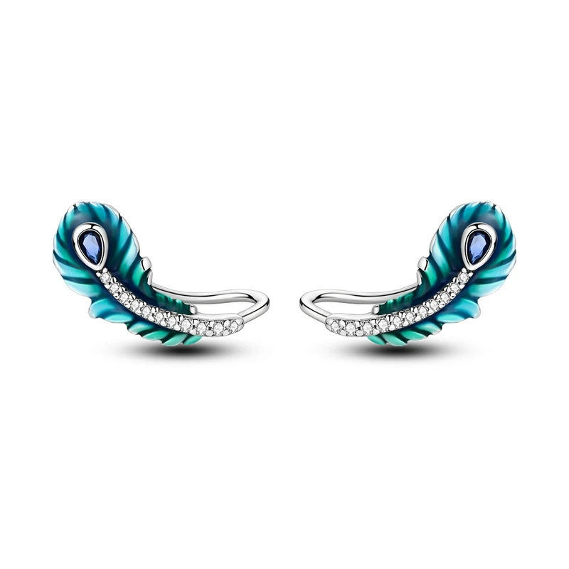Ohrringe aus 925er-Sterlingsilber für Damen, blaue und grüne Farbe, Feder-Creolen für Jahrestag, Hochzeit, Schmuck, Geschenke