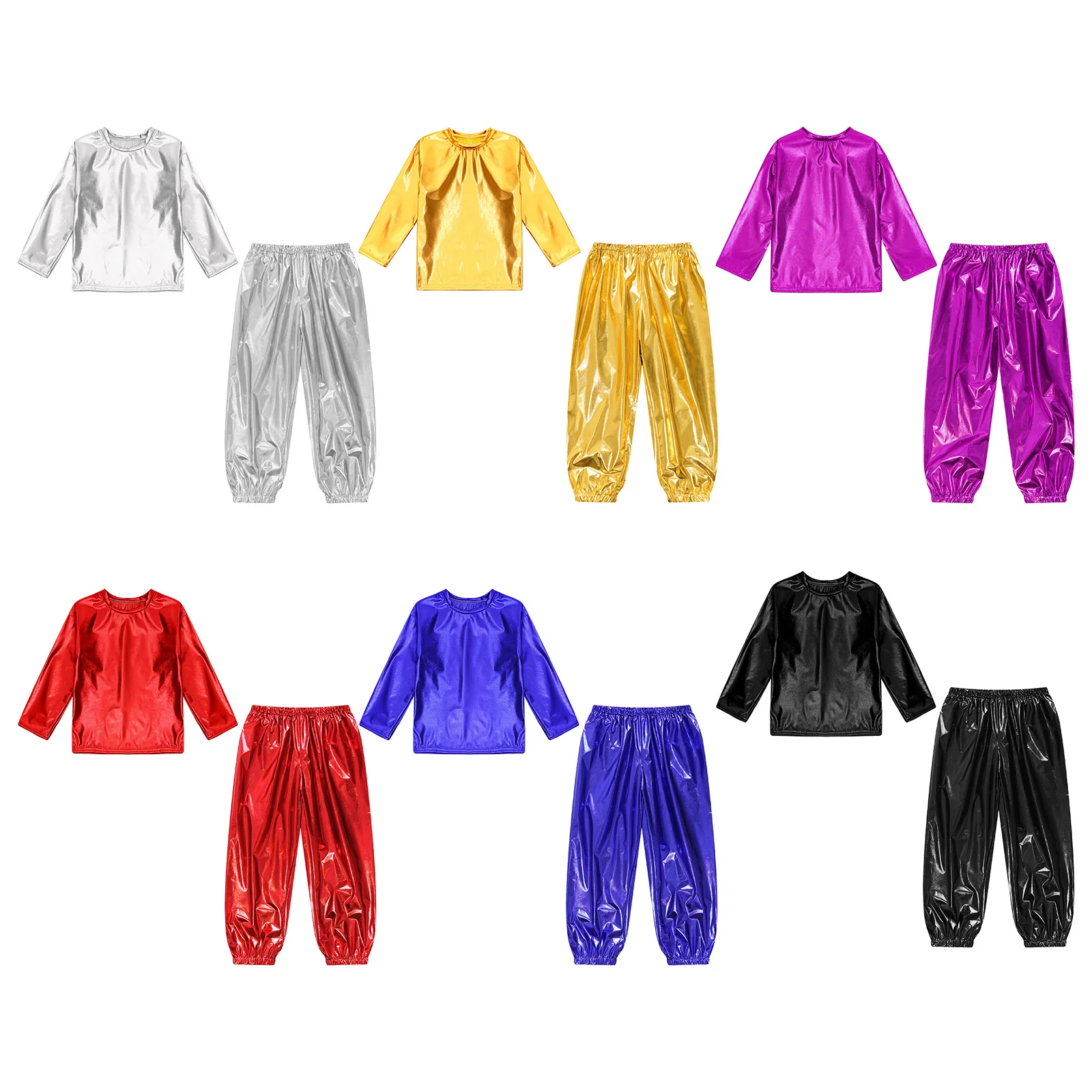 Tenue de spectacle de fête de danse Jazz Hip Hop pour enfants filles, T-shirt métallique brillant à manches longues et col rond avec pantalon, survêtement