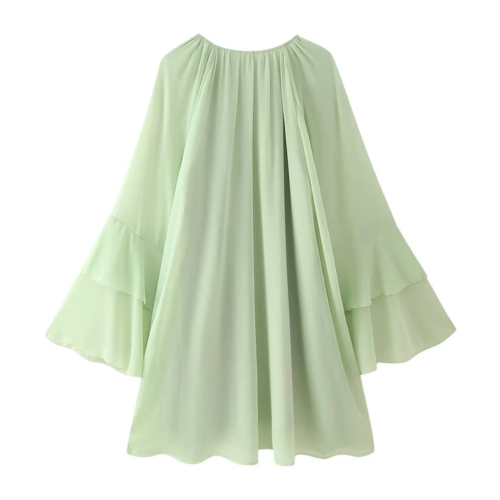 Outono novo feminino francês retro em torno do pescoço manga comprida em camadas plissado borda decoração fino vestido de férias