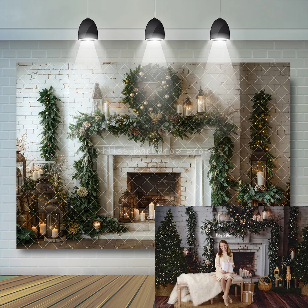 

Xmas Elegant Holiday Fireplace Greens Backdrops Kids Adult Photography Props Child Baby Photocall Props Backgrounds