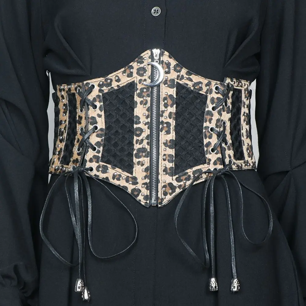 

Moon Zipper Pendant Leopard Print Cummerbunds PU Leather Waistband Hollow Corset Belts Dress Girdle Elastic Wide Waist Belt